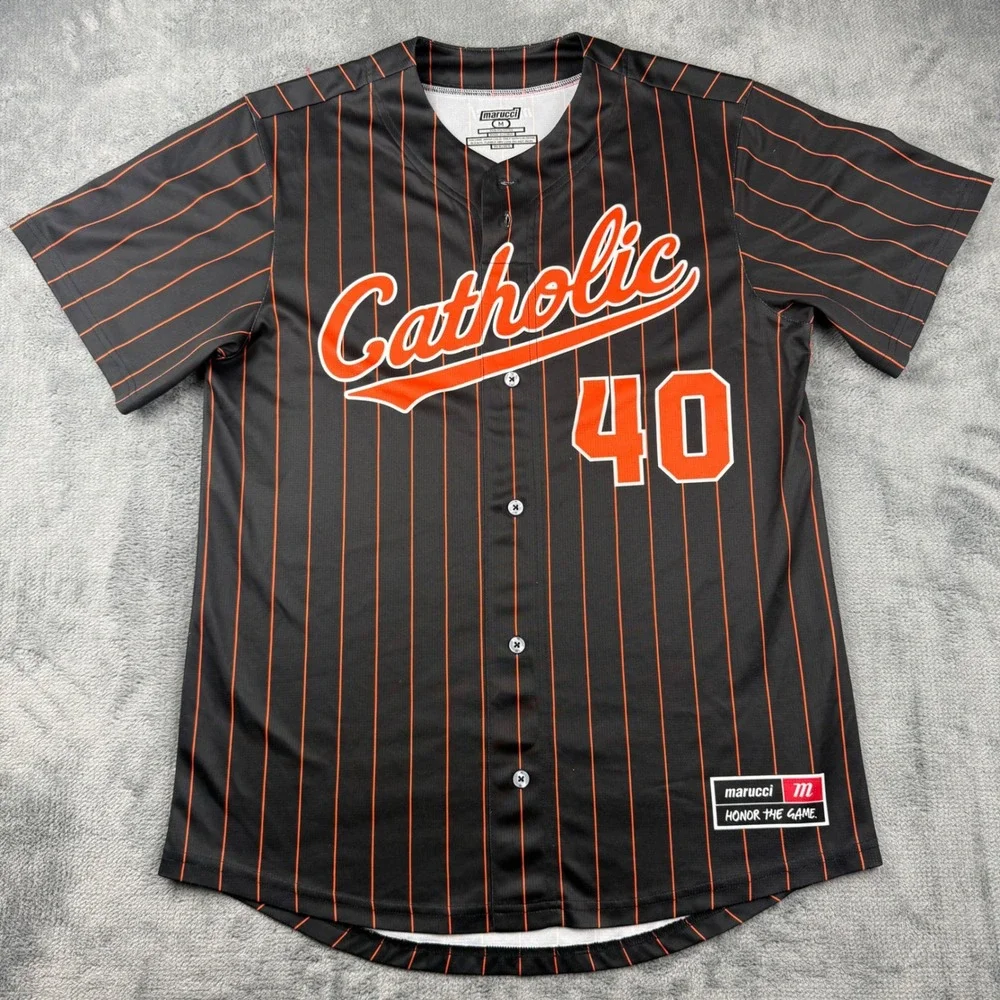 Marucci Mens Catholic Baseball Jersey Black Orange Pinstripe Button Up Size M 40 - Picture 1 of 6